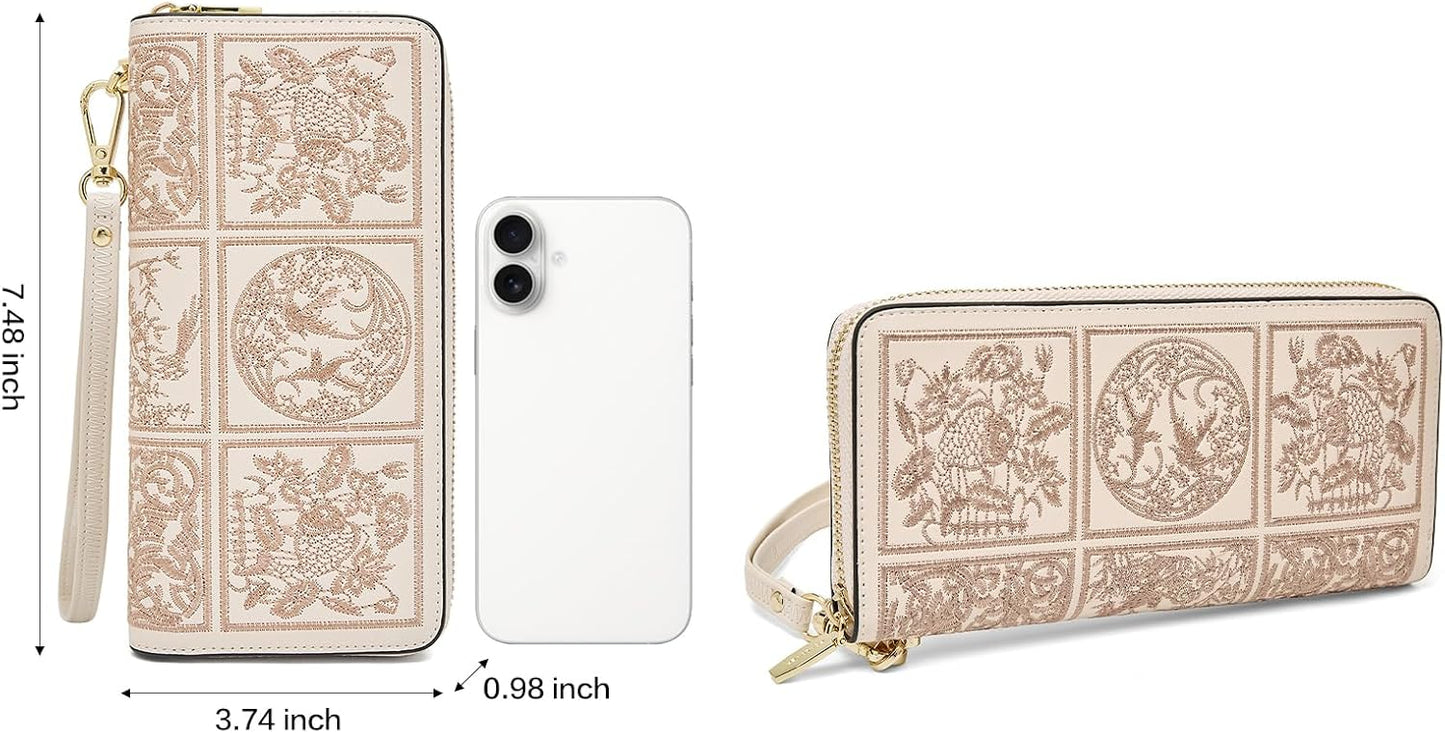 HOTFOXLOVER Wallets for Women RFID Blocking Embroidery Leather Women's Wallet Zip Wristlet Clutch(Apricot)