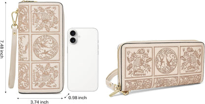 HOTFOXLOVER Wallets for Women RFID Blocking Embroidery Leather Women's Wallet Zip Wristlet Clutch(Apricot)