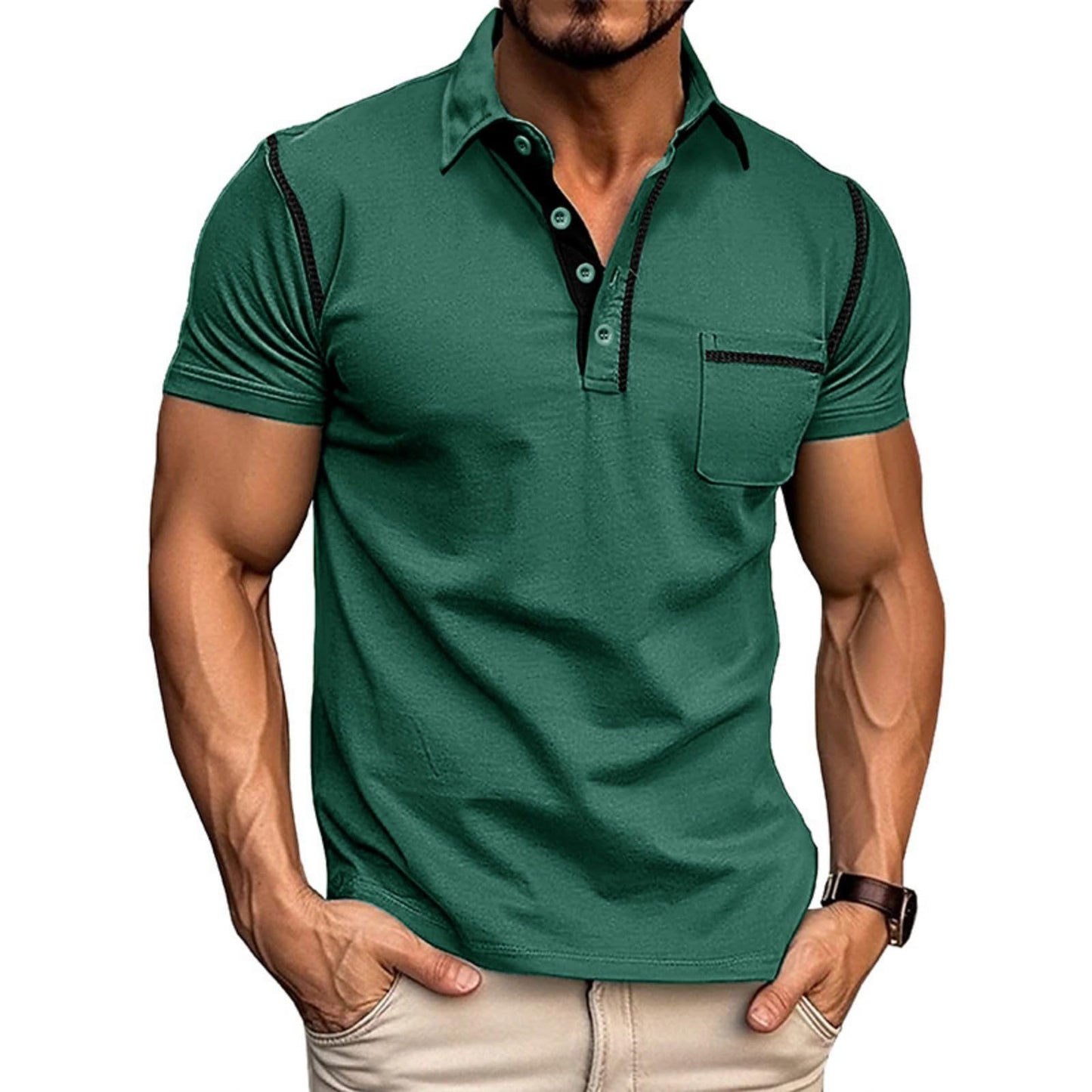 HOTMen's Fashion Polo Shirts Classic Short Sleeve Lightweight Button Cotton T-Shirt Casual Golf Tee Tops with Pocket