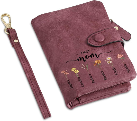 HOTPrsonalized Names Wallet with Birth Flowers for Women - Custom 2-12 Names Text with Birth Flowers Wallet Mom Gifts for Mother's Day Birthday First Mom Now Grandma Gifts (color 2)