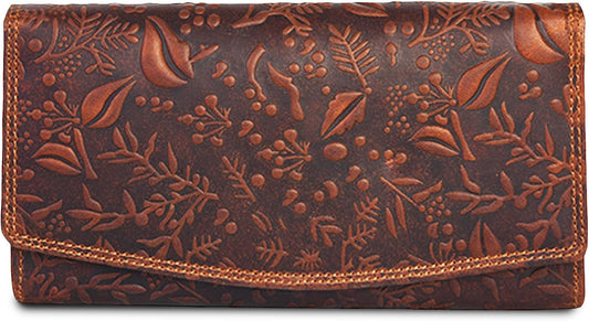 HOTVALENCHI Women's Leather Wallet - RFID Blocking Wallet - Ladies Clutch Hand Purse With Card Holder Slots (Cognac Vintage LW03)