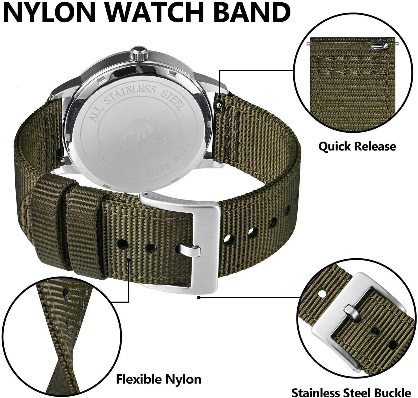 HOTBISONSTRAP Men’s Nylon Watch Bands, Two-Piece Military Watch Straps, Quick Release, Brushed Buckle, Band Width 18mm 19mm 20mm 22mm