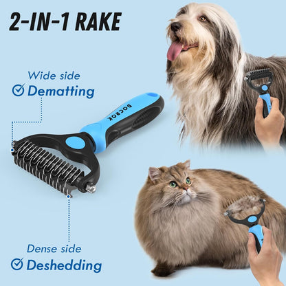HOTDocrok Pet Grooming Combo - Blue Deshedding Brush with Metal Comb for Detangling and Dematting Long, Matted Fur on Cats and Dogs