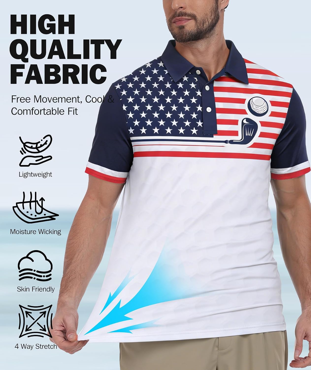 HOTV VALANCH Mens American Falg Polo Shirts Short Sleeve Performance Patriotic Shirt Funny Golf Shirt