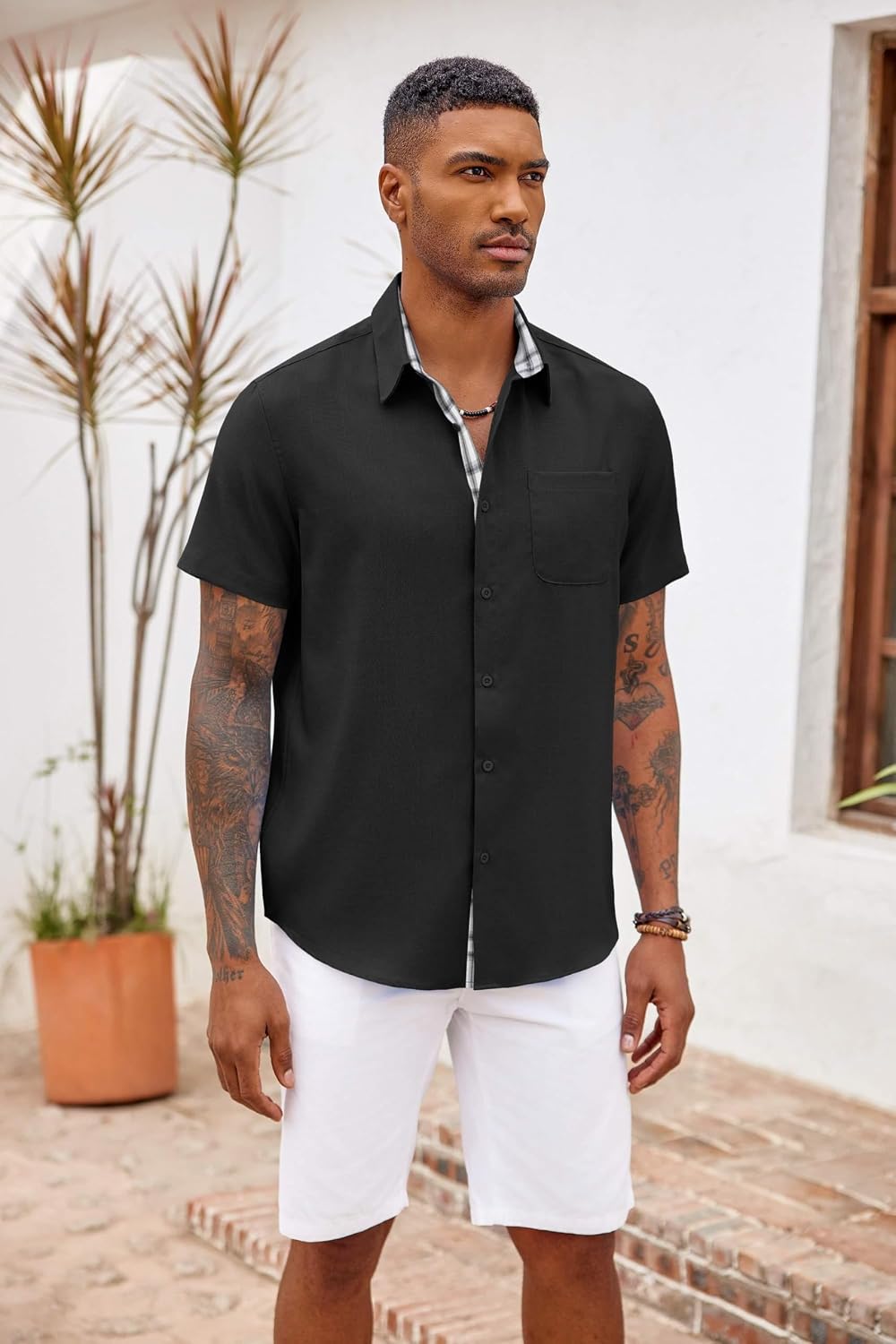 HOTCOOFANDY Men's Button Down Shirts Short Sleeve Casual Summer Beach Vacation Wedding Shirt with Pocket