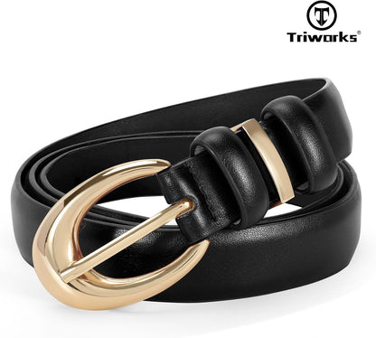 HOTTRIWORKS 2 Pack Women Leather Belt for Jeans Pants Fashion Ladies Faux Leather Belt with Gold Buckle