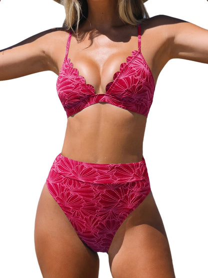 HOTCUPSHE Bikini Set for Women High Waisted Scalloped Two Piece Swimsuit | V Neck,Textured,Crisscross,Back Self Tie,Spaghetti Straps,Soft Removable Cups,Modest Bathing Suit For Vacation And Beach