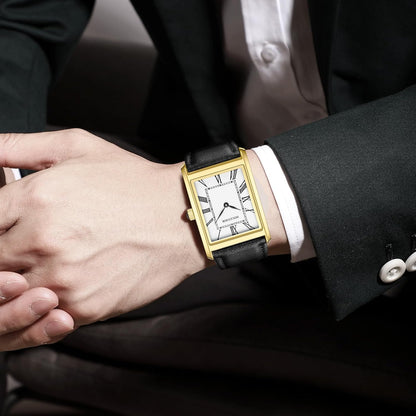 HOTHOLSTOUR Watches for Men Business Simple Model Rectangle Roman Numerals Case Water Resistant with Leather Strap