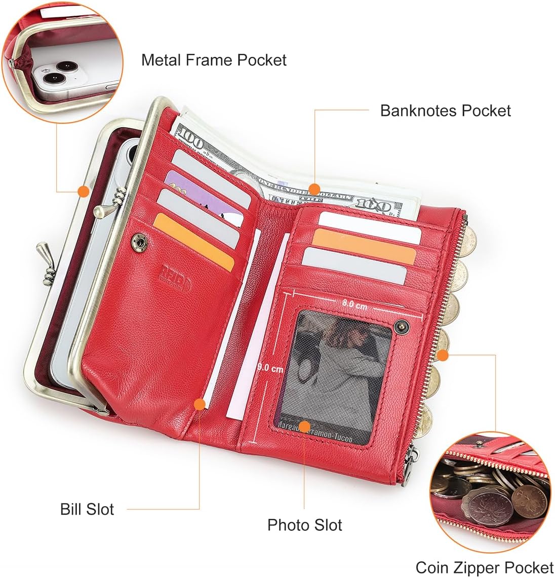HOTCONTACTS Full Grain Goat Leather Kiss Lock Wallet for Women Vintage Clutch Wallet with Rfid Blocking Zipper Coin Purse (Red)