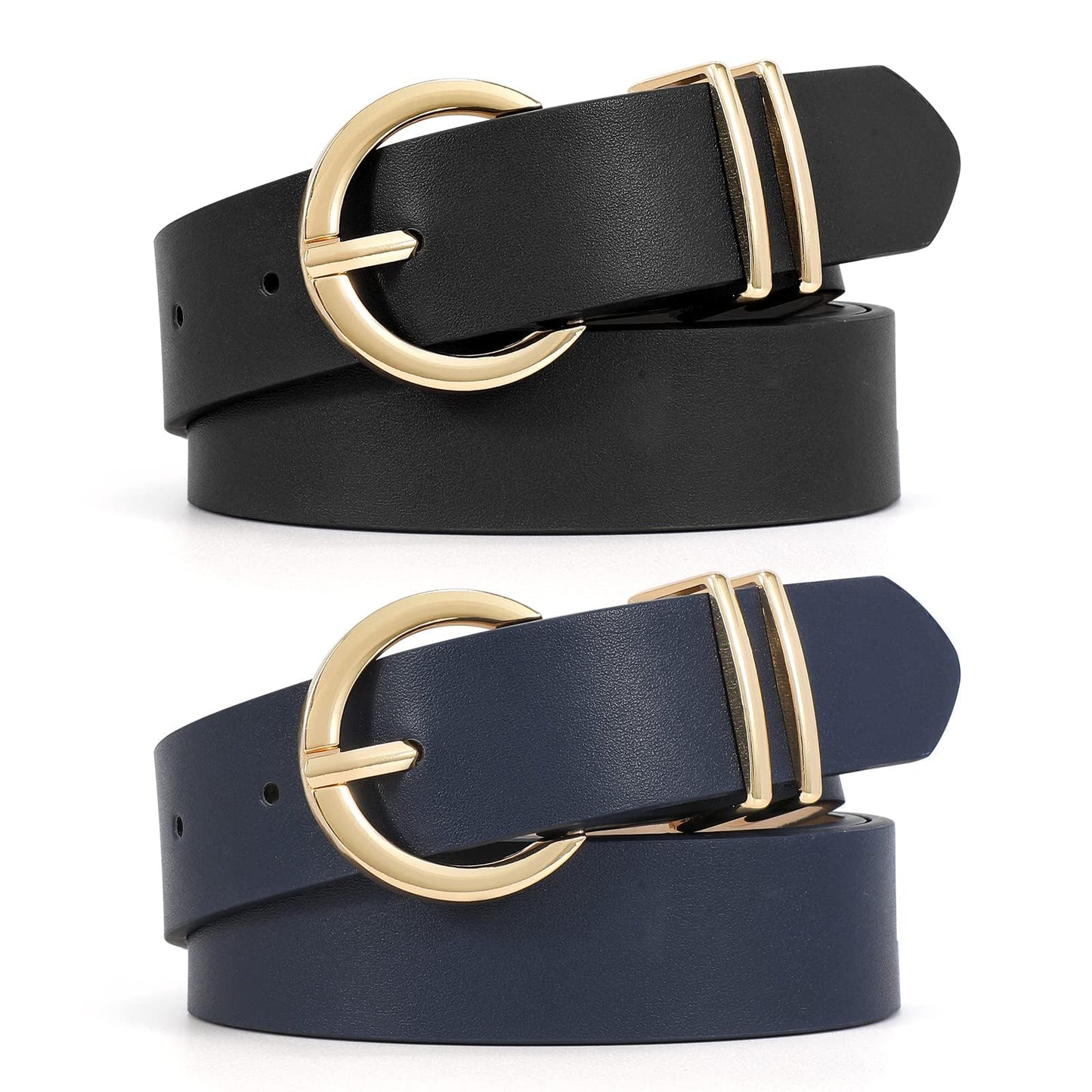 HOTVONMELLI 2 Pack Women's Leather Belts for Jeans Dresses Fashion Gold Buckle Ladies Belt