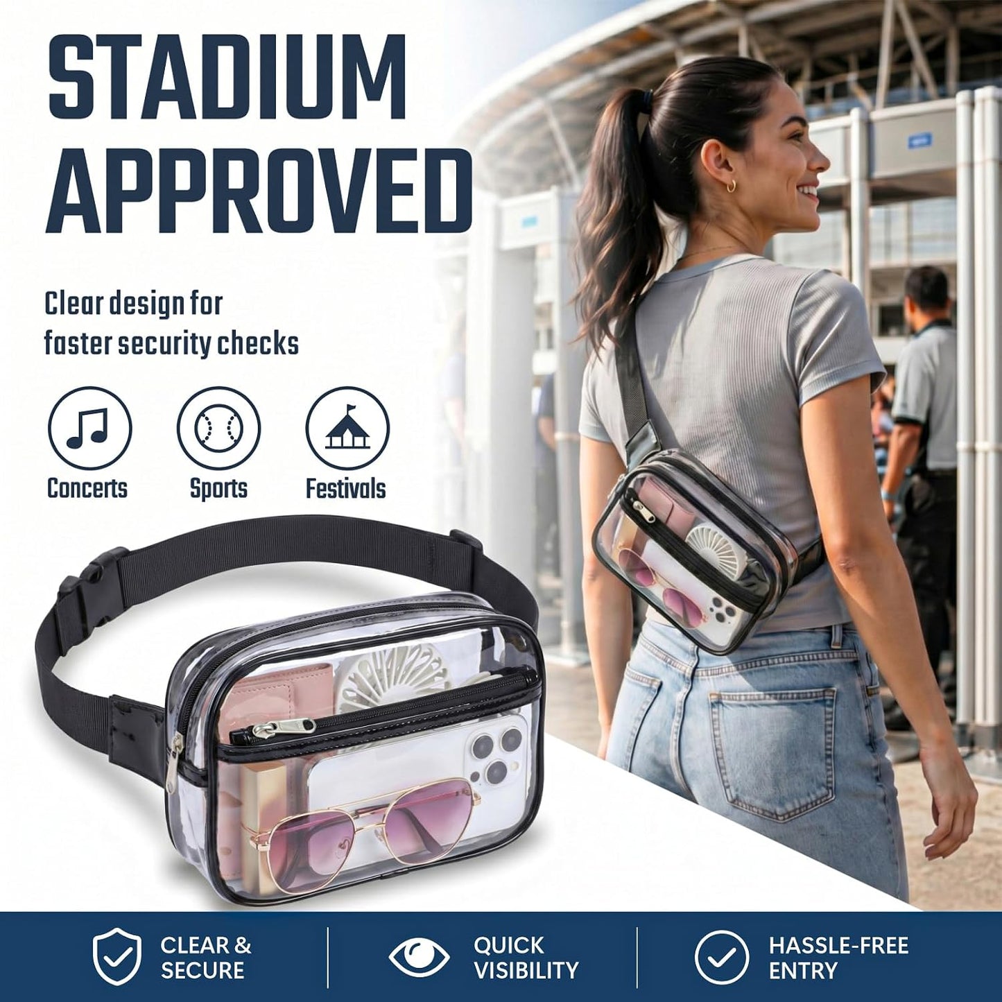 HOTPackism Clear Fanny Pack Stadium Approved - Large Size 35-51 inches Adjustable Strap Clear Belt Bag for Women Men Transparent Waist Bag for Concerts, Sporting Events, Black | Adjustable 35-51 in Strap, Hands-Free, 2 Easy-Access Pockets, Water-Resistant