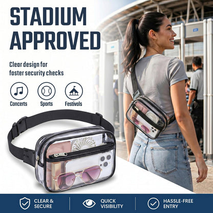 HOTPackism Clear Fanny Pack Stadium Approved - Large Size 35-51 inches Adjustable Strap Clear Belt Bag for Women Men Transparent Waist Bag for Concerts, Sporting Events, Black | Adjustable 35-51 in Strap, Hands-Free, 2 Easy-Access Pockets, Water-Resistant