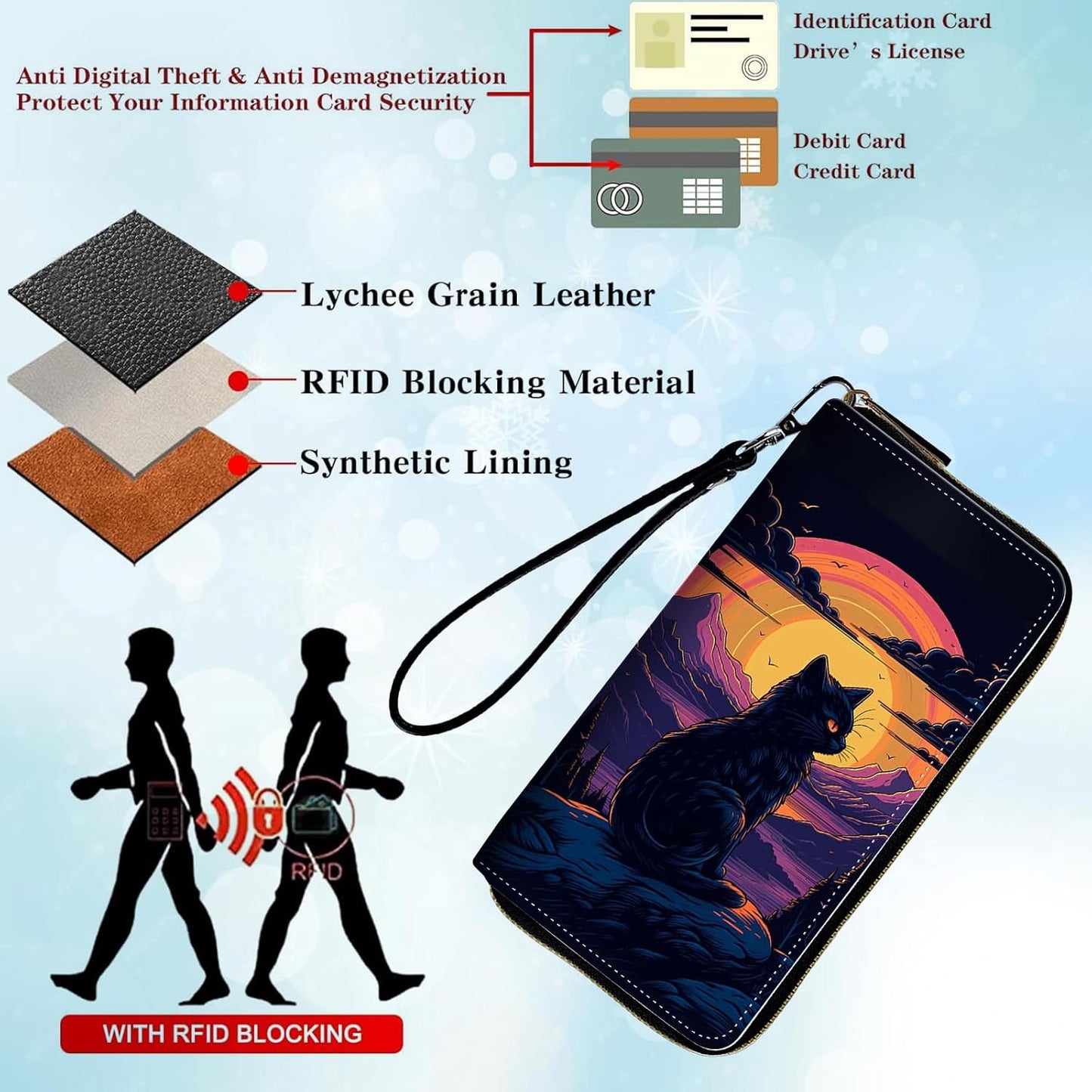 HOTWomens Wallet, PU Leather RFID Cute Wristlet Wallets for Girls Women Ladies Purse Large Credit Card Clutch Purse Card Holder Coin Pocket Travel Wallets with Zipper, Art Black Cat