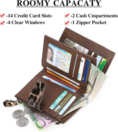 HOTGOIACII Leather Women's Wallet RFID Blocking Credit Card Holder Leopard | Compact, Small, Trifold Billfold with Zipper Coin Pocket, 4 ID Windows