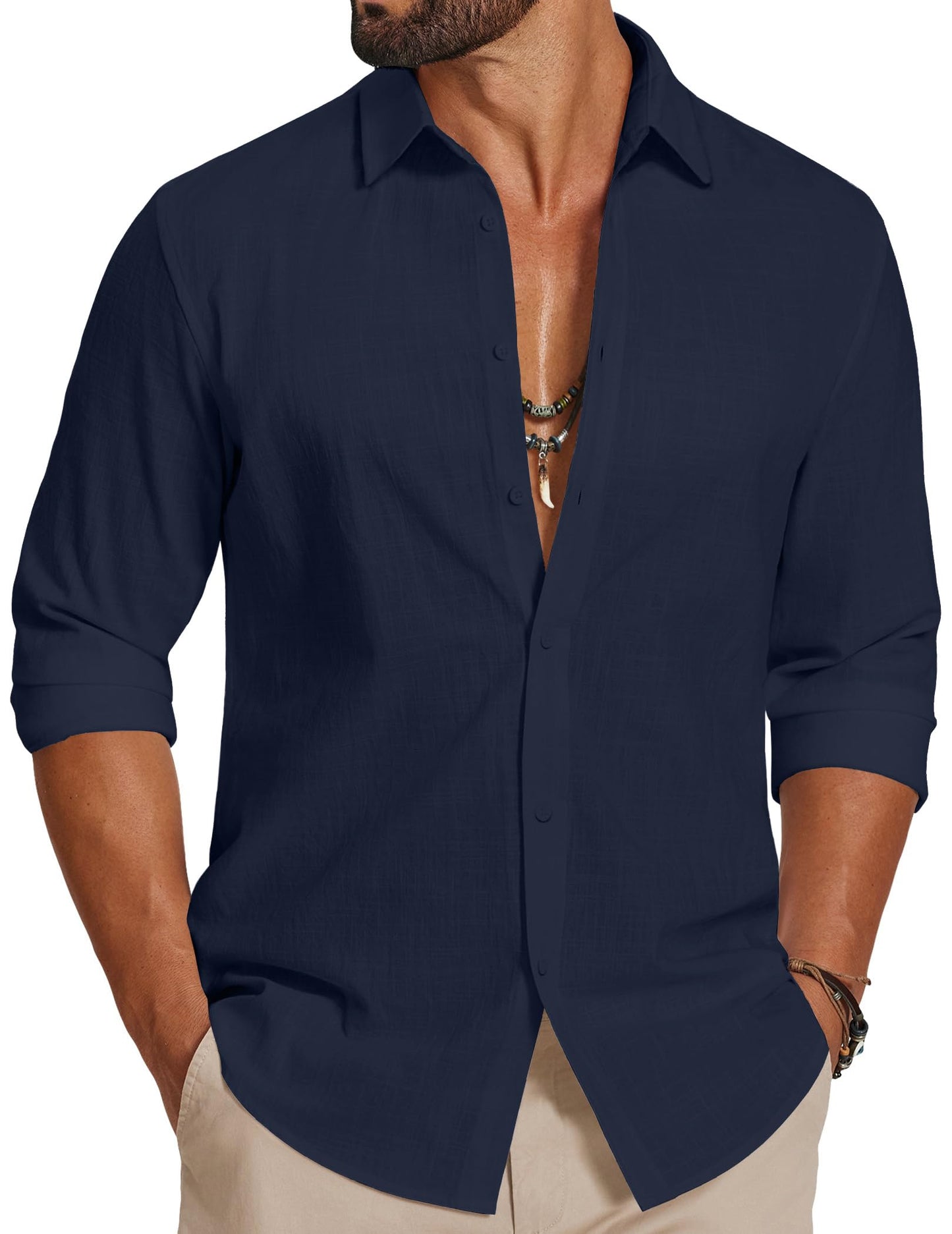 HOTCOOFANDY Men's Casual Button Down Shirts Long Sleeve Cotton Beach Wedding Shirt Summer Linen Shirt for Men