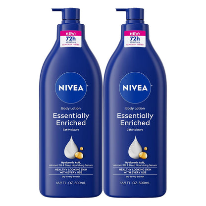 HOTNIVEA Essentially Enriched Body Lotion for Very Dry Skin with Hyaluronic Acid, Almond Oil and Deep Nourishing Serum, 72-Hour Body Moisturizer, 16.9 Fl Oz Pump Bottle, Pack of 2