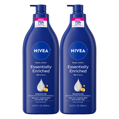 HOTNIVEA Essentially Enriched Body Lotion for Very Dry Skin with Hyaluronic Acid, Almond Oil and Deep Nourishing Serum, 72-Hour Body Moisturizer, 16.9 Fl Oz Pump Bottle, Pack of 2