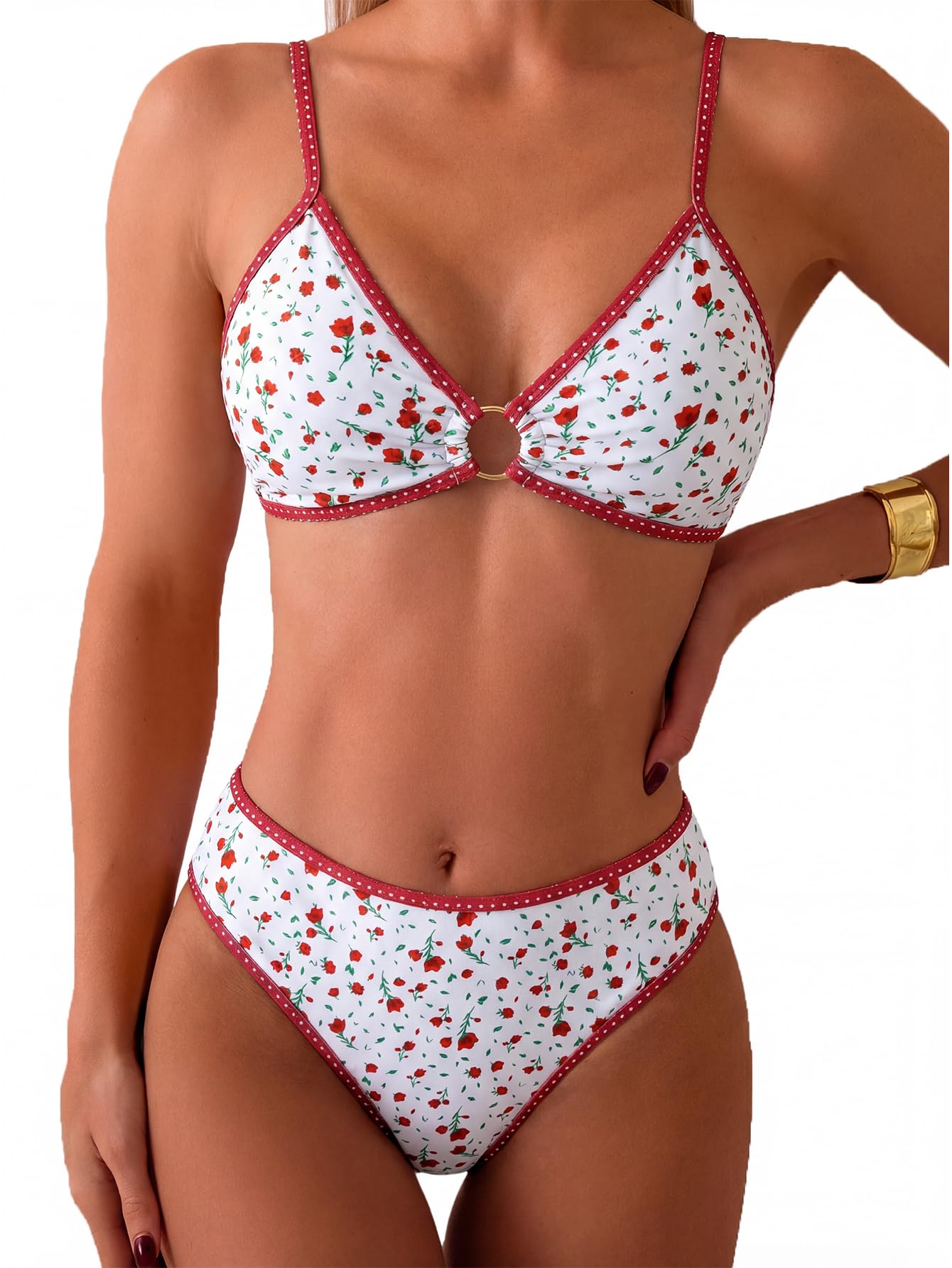 HOTTainehs Women's Two Piece Bikini Sets O Ring Front Top Ditsy Floral Triangle Swimsuits Cheeky Bathing Suit