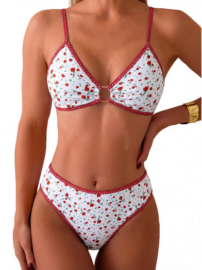 HOTTainehs Women's Two Piece Bikini Sets O Ring Front Top Ditsy Floral Triangle Swimsuits Cheeky Bathing Suit