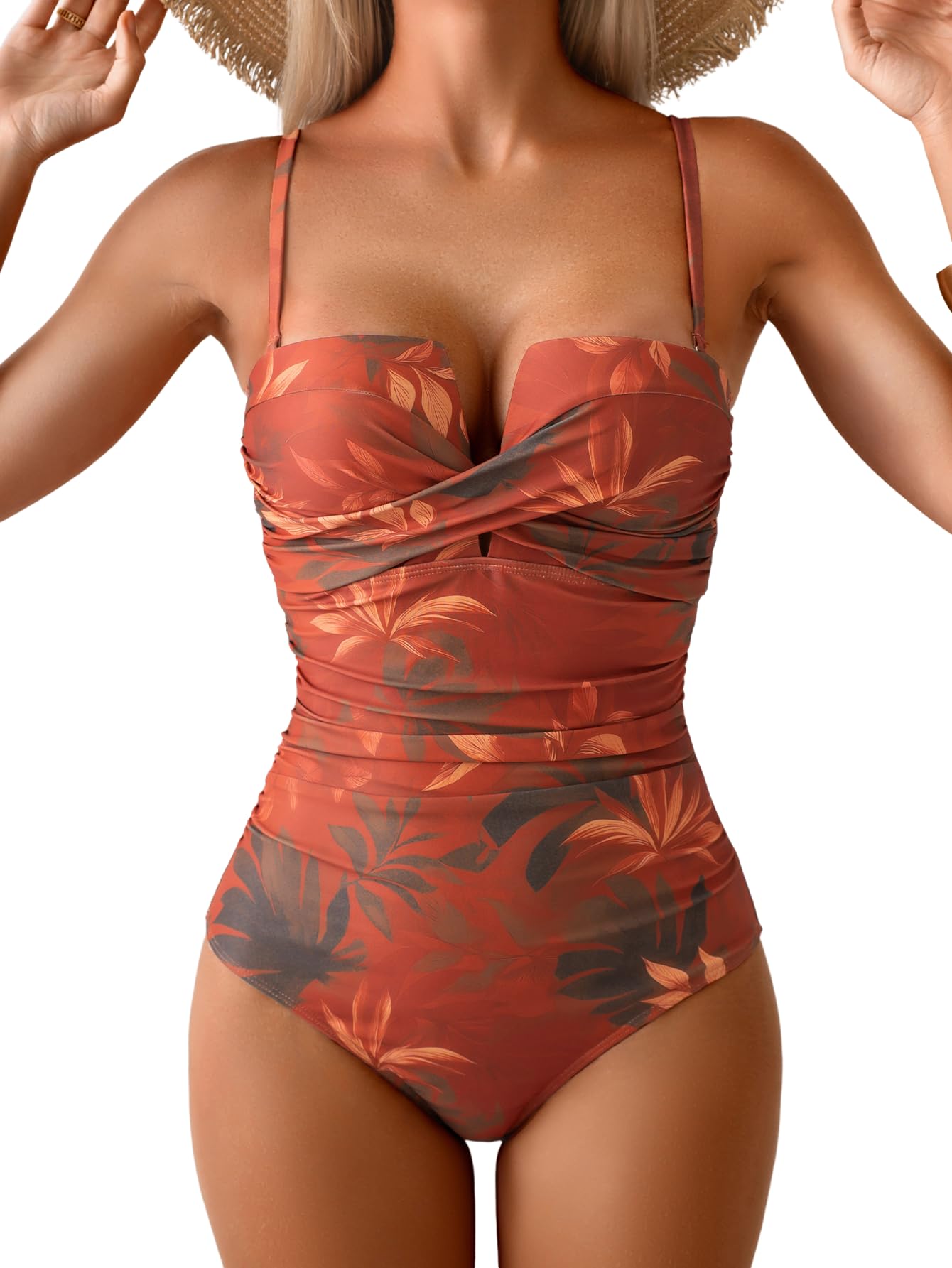 HOTEomenie Women's Push Up Wrap Front Swimsuit One Piece Slimming Bathing Suit | Ruched Tummy Control, Bandeau Strapless with Detachable Strap, Cutout Twist ,Tie Back, Support Bra Swimwear Beach Swimming