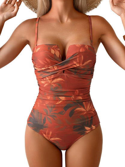 HOTEomenie Women's Push Up Wrap Front Swimsuit One Piece Slimming Bathing Suit | Ruched Tummy Control, Bandeau Strapless with Detachable Strap, Cutout Twist ,Tie Back, Support Bra Swimwear Beach Swimming