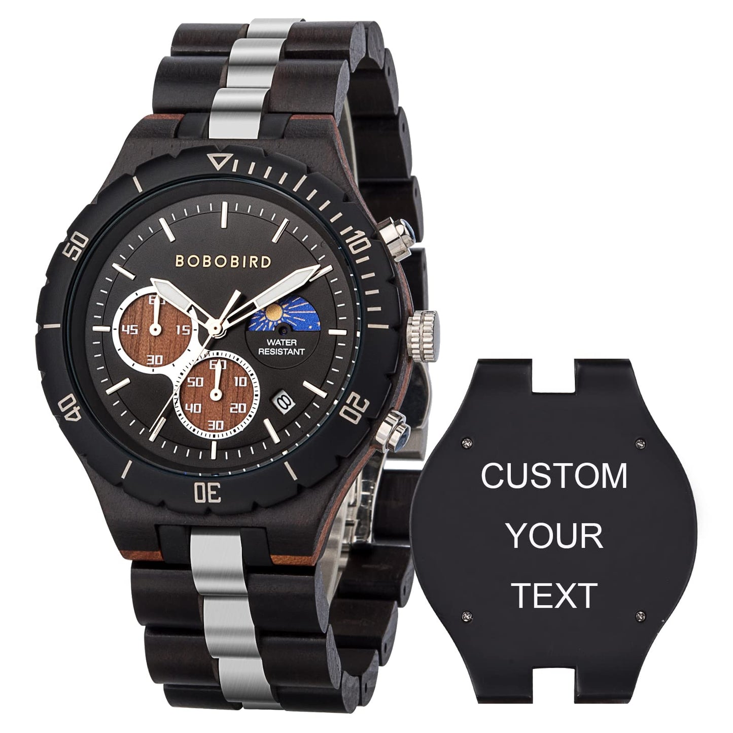 HOTBOBO BIRD Mens Quartz Wooden Watches Stainless Steel Red Sandalwood Alloy Wood Watch for Male Classic Function Wristwatch Chronograph Luminous Hands Day and Night Date Display