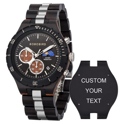 HOTBOBO BIRD Mens Quartz Wooden Watches Stainless Steel Red Sandalwood Alloy Wood Watch for Male Classic Function Wristwatch Chronograph Luminous Hands Day and Night Date Display
