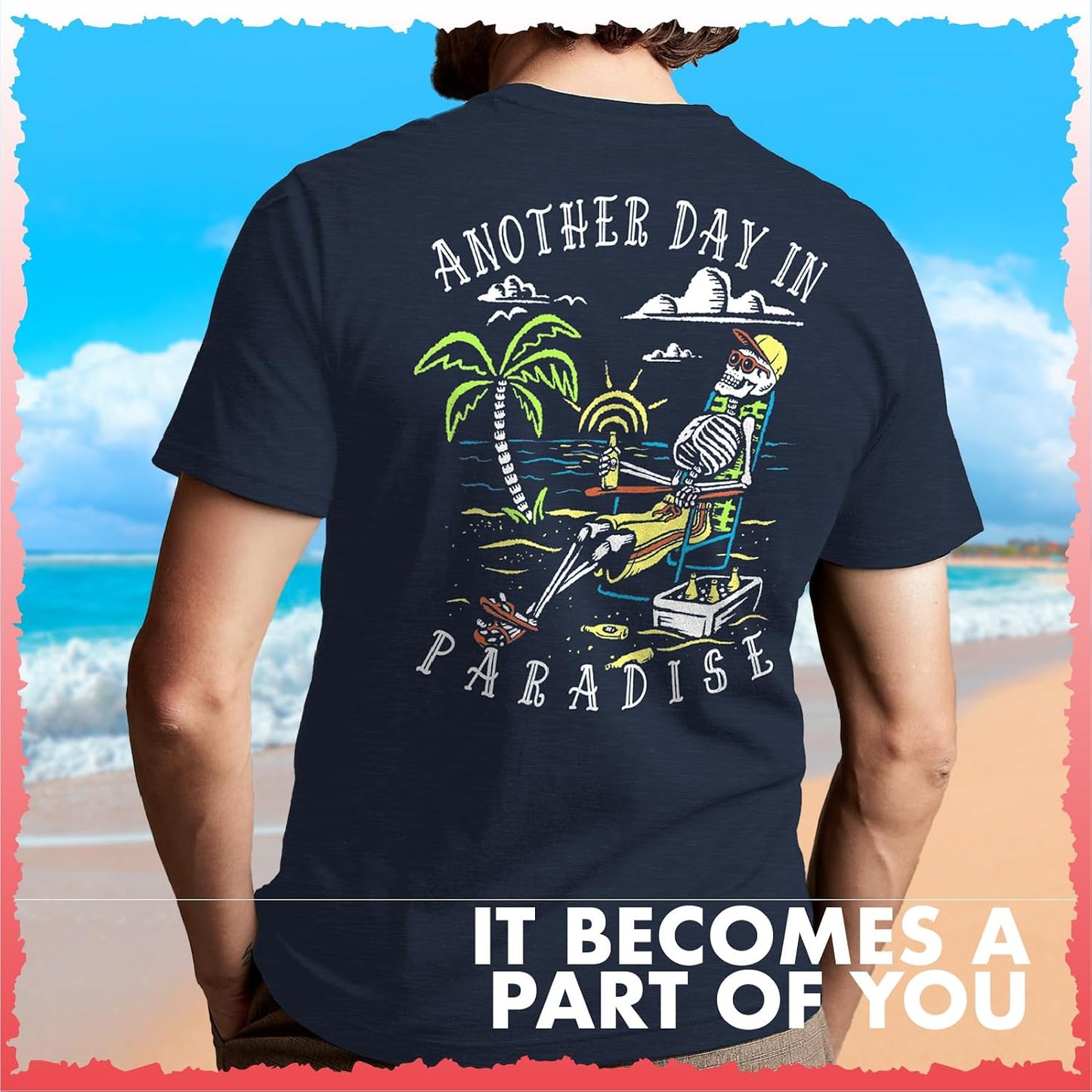 HOTSalty Bones Another Day in Paradise Tropical Beach Graphic T-Shirt, 100% Ringspun Cotton, Classic Fit,Printed in USA
