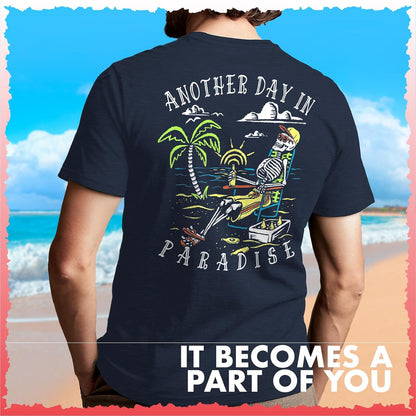 HOTSalty Bones Another Day in Paradise Tropical Beach Graphic T-Shirt, 100% Ringspun Cotton, Classic Fit,Printed in USA
