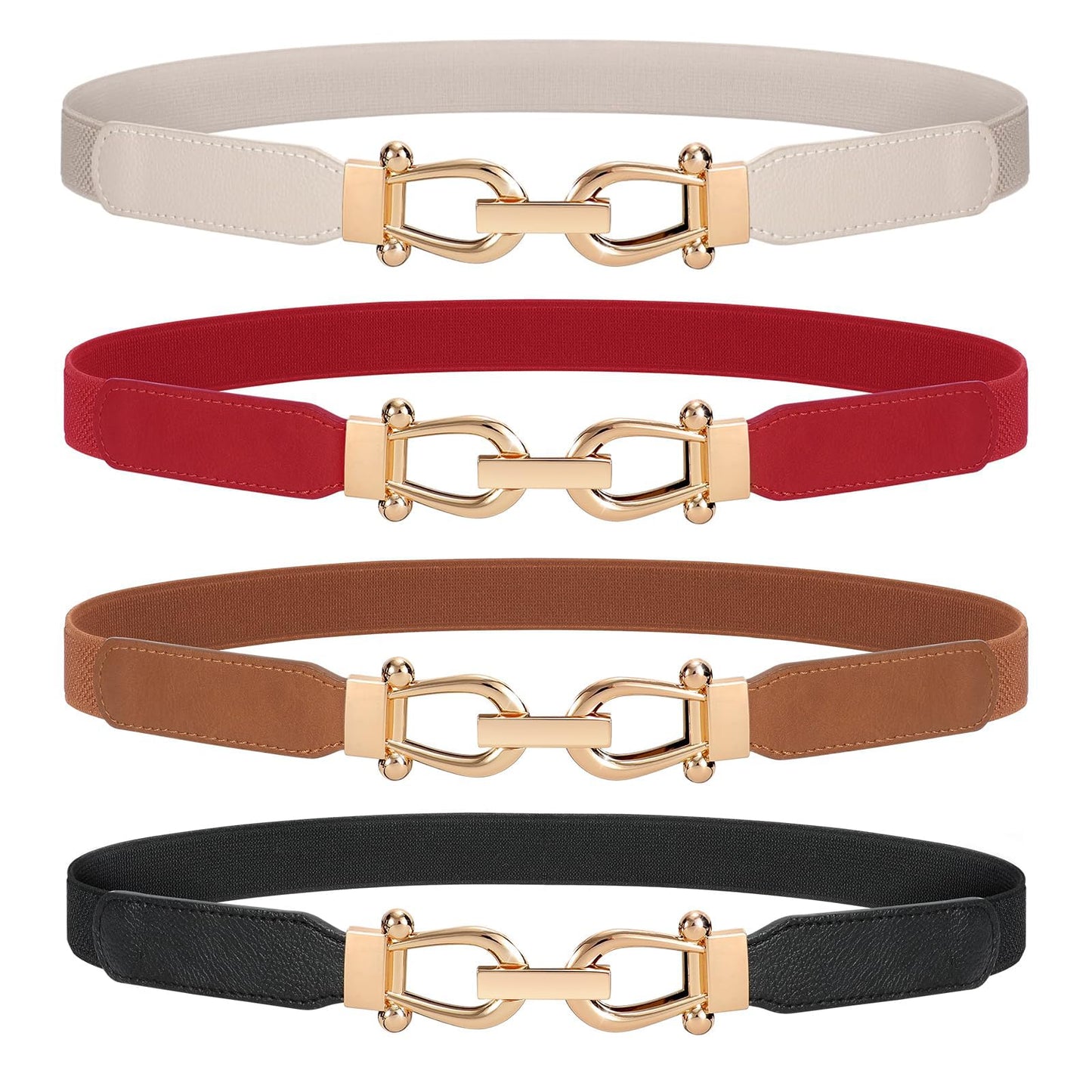 HOTWERFORU Women Skinny Belt for Dresses Retro Stretch Waist Belt with Gold Buckle Set of 4