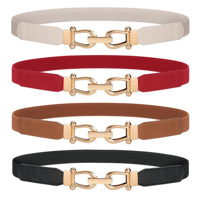 HOTWERFORU Women Skinny Belt for Dresses Retro Stretch Waist Belt with Gold Buckle Set of 4