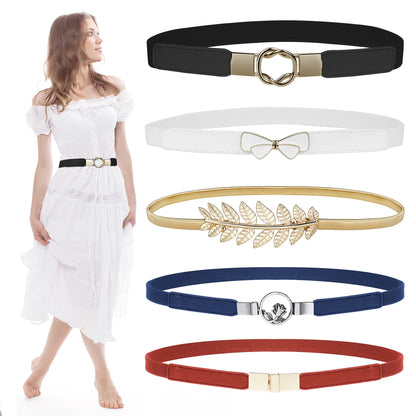 HOTEAONE Skinny Belts for Women 5 Pack, Fashion Dress Belts Stretch Women Waist Belts Plus Size Elastic Waist Band for Dresses