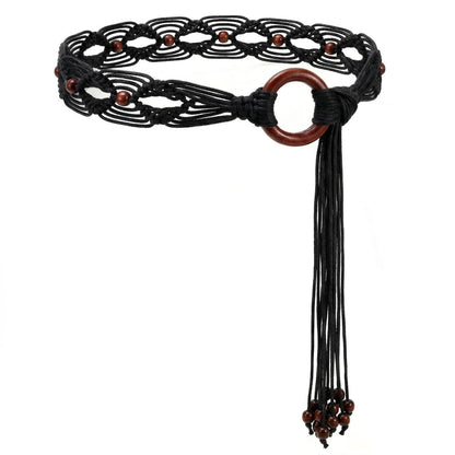 HOTWHIPPY Boho Braided Belt for Women Western Belt With Hand-Woven Wax Rope Country Tassel Belts for Dress, 2" Wide