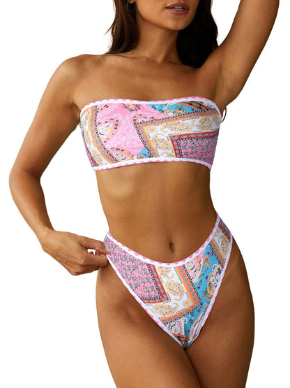 HOTZAFUL Women Strapless Bandeau Bikini 2 Piece Swimwear Lace up Bathing Suits | Strapless Textured Bikini Set Cheeky Solid Bandeau Bathing Suits