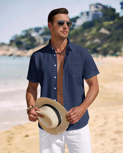 HOTJ.VER Mens Linen Shirt Short Sleeve Button Down Casual Summer Shirts | Cotton Linen, Untucked, Big Tall, from Beach Camp Vacation, Cruise Fishing, Work Office, to Wedding Party Family, with Pocket