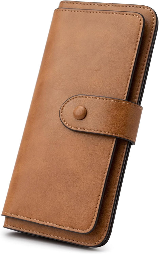 HOTRFID Blocking Leather Wallet for Women, Slim Trifold with 14 Card Slots and Zipper Pocket (Brown)