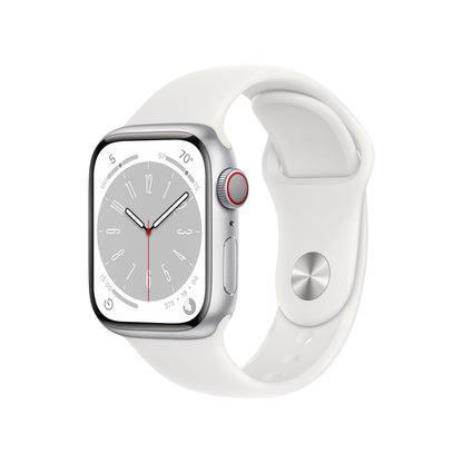 HOTApple Watch Series 8 (GPS + Cellular, 41mm) - Silver Stainless Steel Case with White Sport Band M/L (Renewed)