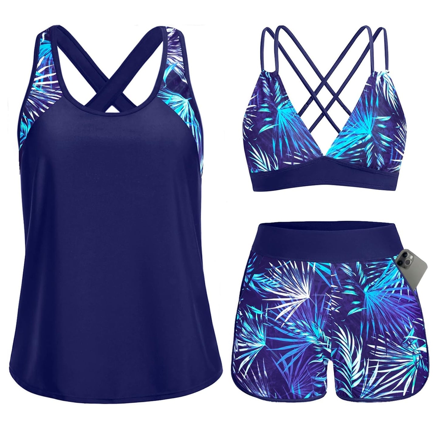 HOTWomen's 3 Piece Tankini Swimsuit Tummy Control with Bra Pocket Boy Shorts | Modest Bathing Suit, Athletic Style, Strappy-Back Support, High-Waist Fit, Built-In Brief, Side Pockets, Beach Swim Days