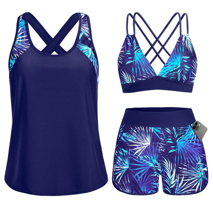 HOTWomen's 3 Piece Tankini Swimsuit Tummy Control with Bra Pocket Boy Shorts | Modest Bathing Suit, Athletic Style, Strappy-Back Support, High-Waist Fit, Built-In Brief, Side Pockets, Beach Swim Days