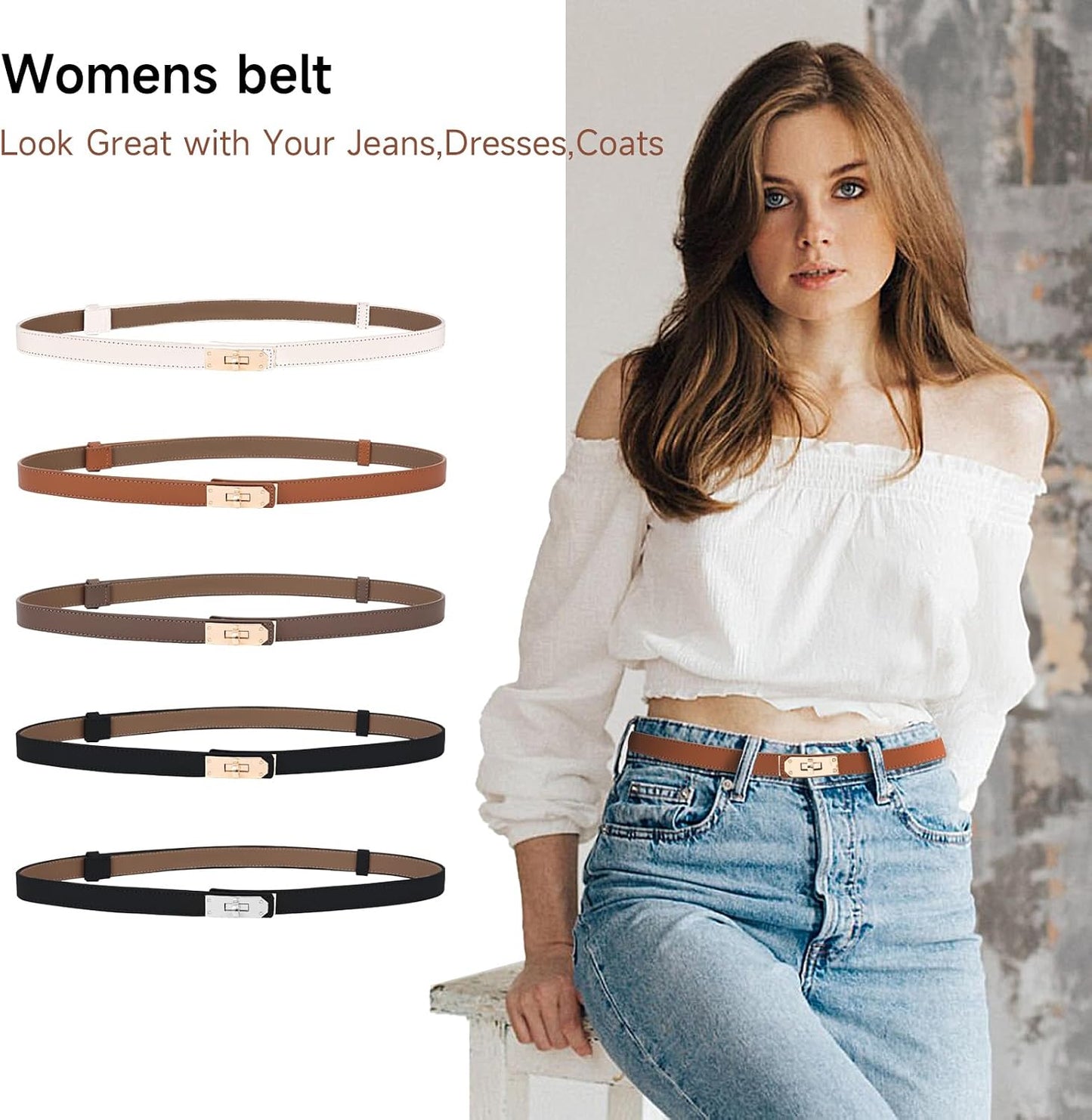 HOTWomen's Thin Leather Belts with Turn Lock Buckle,Belt Women Adjustable for Pants Dresses Jeans Coats