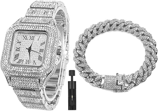 HOTApzzic Diamond Iced Out Watch CZ Gold Plated 40mm Width Roman Numerals Dial Quartz Wristband Watch for Men Women