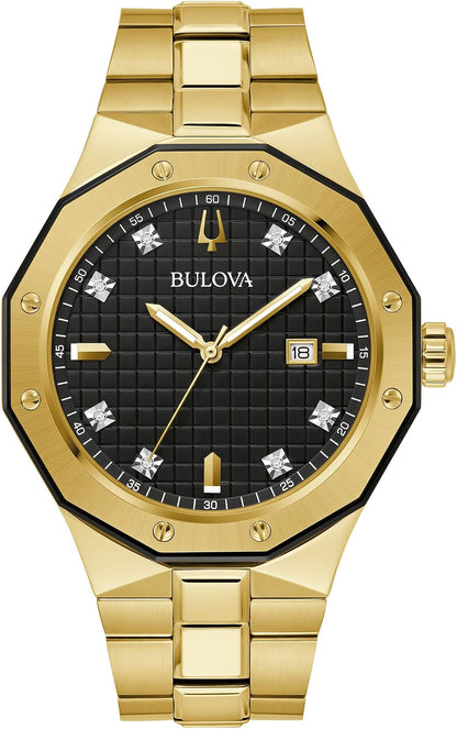 HOTBulova Men's Classic Stainless Steel 3-Hand Date Quartz Watch with Diamonds and Day Date, 44mm