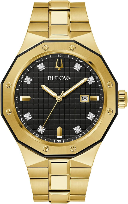 HOTBulova Men's Classic Stainless Steel 3-Hand Date Quartz Watch with Diamonds and Day Date, 44mm