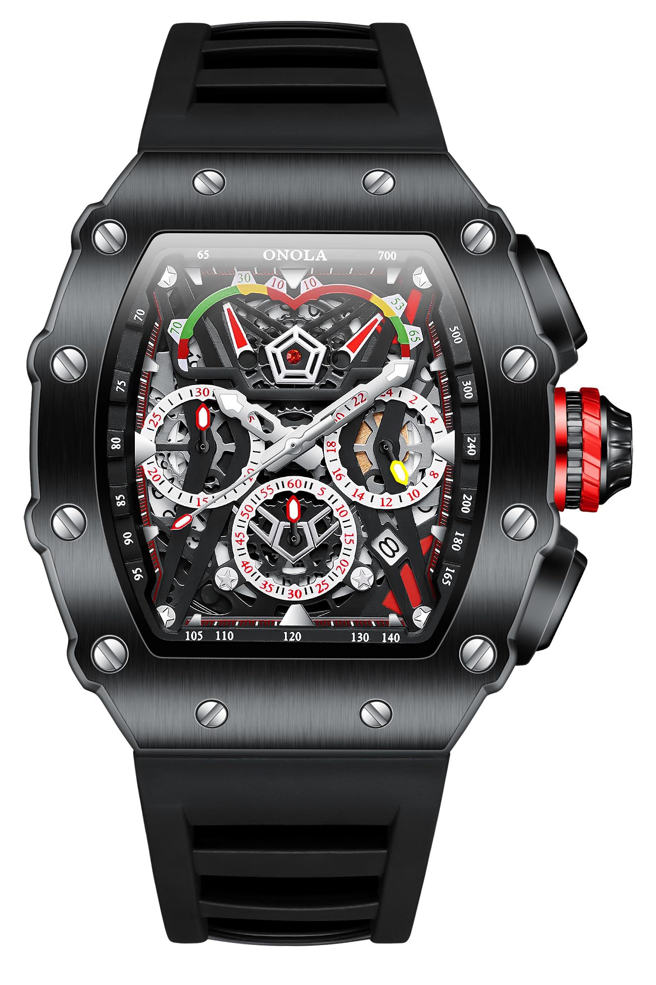 HOTFANMIS Fashion Hollowed Men Watches Tonneau Skeleton Dial Big Face 30M Water Resistant Chronograph Casual Watch with Silicone Strap Multifunctional Outdoor Sports Watch for Men’s