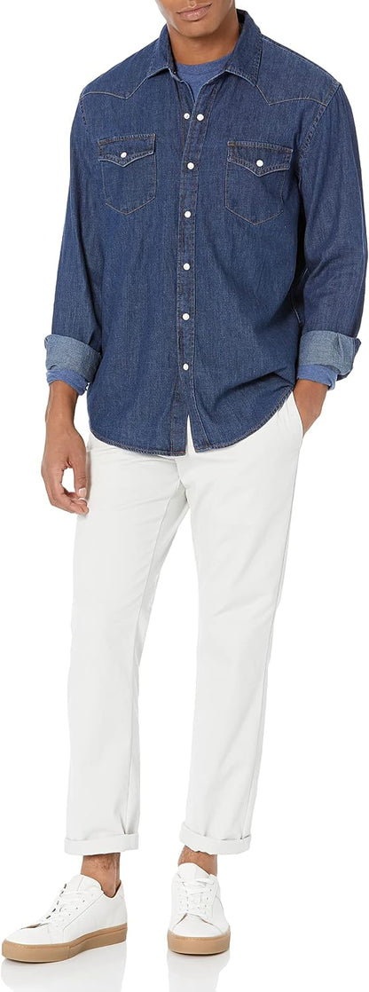 HOTAmazon Essentials Men's Slim-Fit Long-Sleeve Denim Western Style Cotton Shirt with Snap Buttons, Lightweight