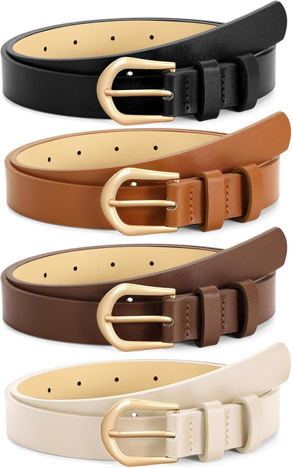 HOTVONMELLI 4 Pack Womens Thin Leather Belt Skinny Waist Belts for Women Fashion Jeans Dress with Gold Buckle
