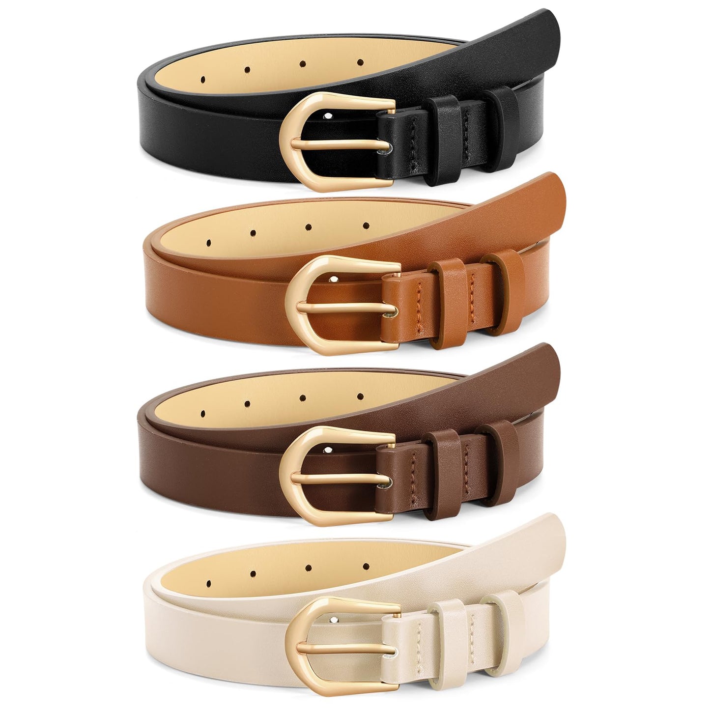 HOTVONMELLI 4 Pack Womens Thin Leather Belt Skinny Waist Belts for Women Fashion Jeans Dress with Gold Buckle