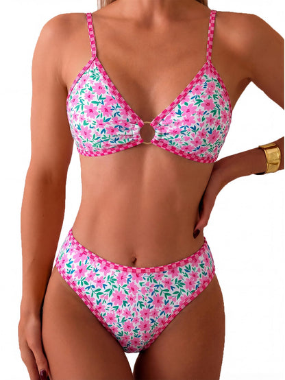 HOTTainehs Women's Two Piece Bikini Sets O Ring Front Top Ditsy Floral Triangle Swimsuits Cheeky Bathing Suit