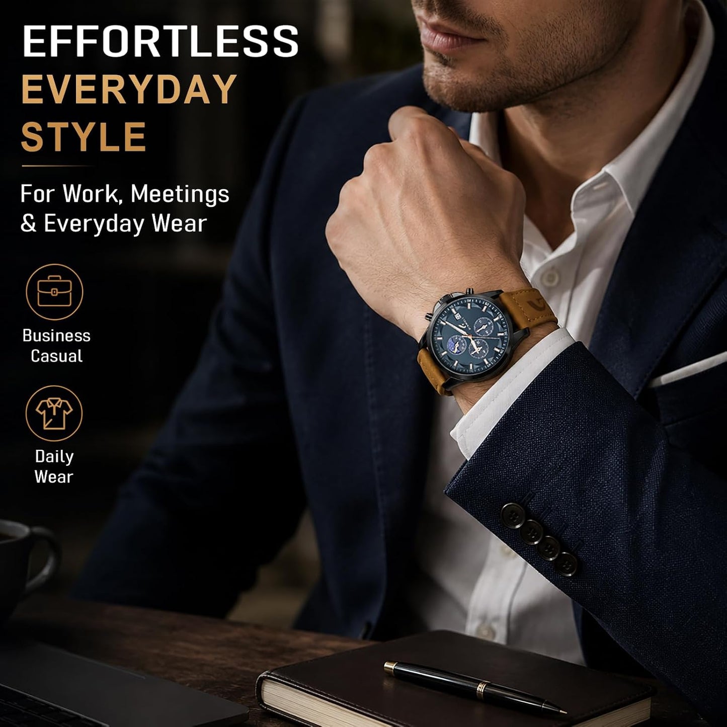 HOTFashion Casual Analog Watches for Men with Functional Chronograph Subdials | Mens Watches with Decorative Sun-Moon Dial, Auto Date, Dual Timers, Luminous, Waterproof, Gifts for Men Dad Husband Boyfriend