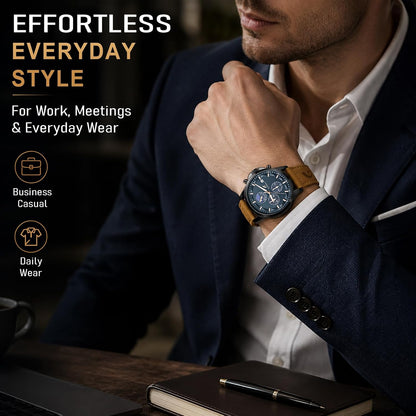 HOTFashion Casual Analog Watches for Men with Functional Chronograph Subdials | Mens Watches with Decorative Sun-Moon Dial, Auto Date, Dual Timers, Luminous, Waterproof, Gifts for Men Dad Husband Boyfriend